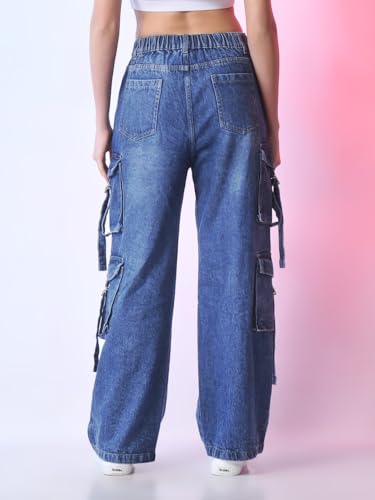 Image of Glossia Fashion Denim Blue Women Cargo Jeans | High Waist Stretchable Wide Leg Loose Fit Denim| Boyfriend Cargo Jeans for Women(WJ-1223)