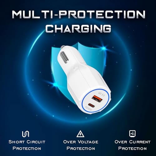 Image of Tempt 60W Thunderbolt Fast Car Charger with Dual Output, 60 Watts Total (30W USB QC 5.0 + 30W Type C PD), Fast Charging, Adapter for iPhone & Android Smartphones and Tablets (White)