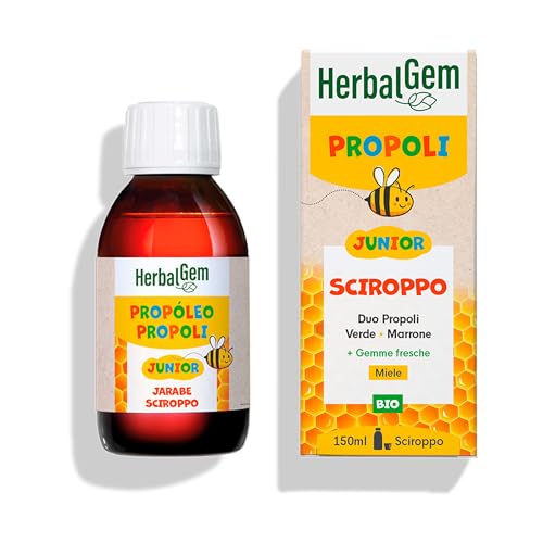 HerbalGem Sciroppo Junior alla Propoli BIO – Benessere delle Vie Respiratorie – Con Estratti Vegetali e Gemme – Gusto Piacevole per Bambini – 150 ml