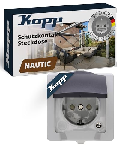 Kopp NAUTIC 1-fach Schutzkontakt-Steckdose mit Klappdeckel in Grau - Sichere Aufputz-Steckdose mit erhöhtem Berührungsschutz - IP44 Feuchtraumsteckdosen-Aufputz 16A / 250V~ Kopp NAUTIC 1-fach Schutzkontakt-Steckdose mit Klappdeckel in Grau - Sichere Aufputz-Steckdose mit erhöhtem Berührungsschutz - IP44 Feuchtraumsteckdosen-Aufputz 16A / 250V~