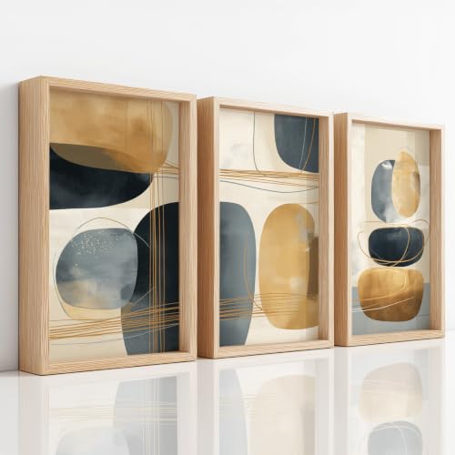 Póster de pared abstracto y elegante en azul y oro para pasillos de lujo, set de 3 lienzos A4