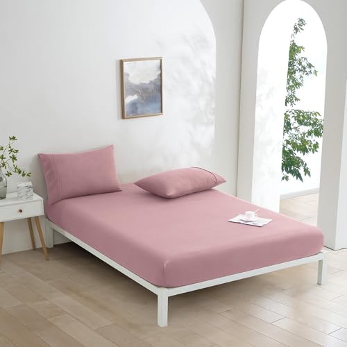 Dreamaker Ultra Soft Micro Flannel Fitted Sheet Set Queen Bed - Flannelette Alternative Machine Washable Deep Pocket Combo Sheet Fade & Wrinkle Resistant Warmth & Cosy Winter Bedding Set - Pink Pearl