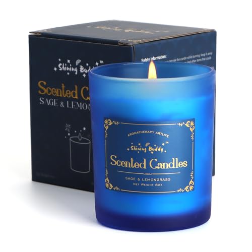 Shining Buddy Sage & Lemongrass Scented Soy Candles for Home Spa Aromatherapy Candles with Natural Essential Oils | Long-Lasting Outdoor/Indoor Use, Calm Relaxation Gifts– 6OZ