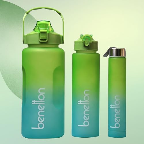 Image of United Colors of Benetton 3-in-1 Water Bottle Set, 2000ML + 750 ML + 300 ML Assorted Bottles, Leakproof Reusable Drinking Bottles with Multi-Lid Options, Durable Sports /Gym /Travel Bottle (Yellow-Blue)