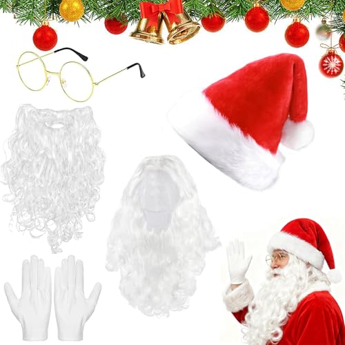 Perruque et Barbe Père Noël, 5 Pièces Accessoires de Cosplay Père Noël, Barbe de Père Noël, Perruque de Père Noël, Bonnet de Père Noël, Lunettes et Gants, Convient pour l'habillage du Père Noël
