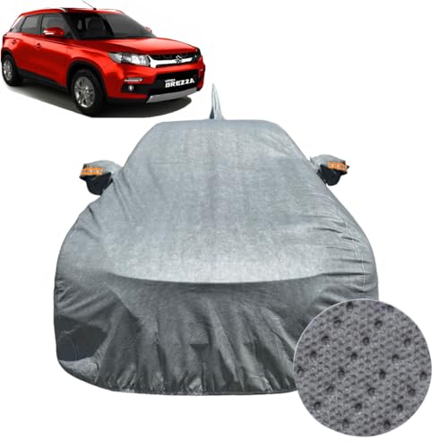 Image of Car Cover For Maruti Suzuki Brezza (2015-2021) | 100% Waterproof Cover with Antenna & REFLECTIVE Mirror Pockets | Dustproof, Scratchproof, Heatproof Brezza Car Cover |Soft Cotton Lining| GREY