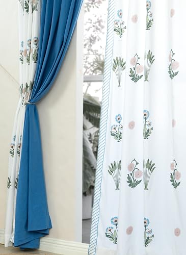 Image of Tranquebar Curtain Co. Window Curtains 5 Feet, 60-65% Room Darkening, Blue Ethnic Curtains Palms Print, Cotton Curtains for Window, Cotton Curtains 5 Feet Set of 3, BackTabs, Bagh Blue Combo (152 cm)