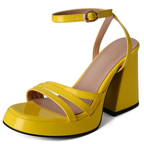 Lroey Reoly Sandalias de Mujer, Sandalias de Vestir de Tacón Alto con Punta Abierta Hebilla Tacón Chunky Sandalias Correa de Tobillo con Plataforma Elegante, 460Bou Amarillo Talla 43 EU