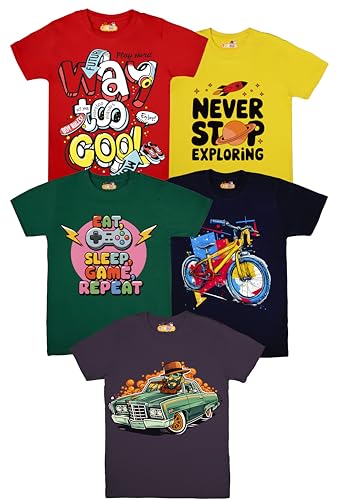 Image of Boys Regular Fit Soft Cotton T-Shirts Pack of 5 |Soft Cotton Breathable Fabric |Half Sleeve Round Neck Multicolored |T-Shirts for Kids