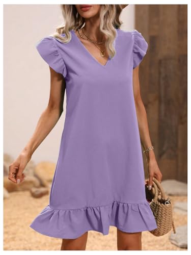 SOLY HUX Summer Dresses for Women V Neck Cap Sleeve Ruffle Hem Smock Short Dress3