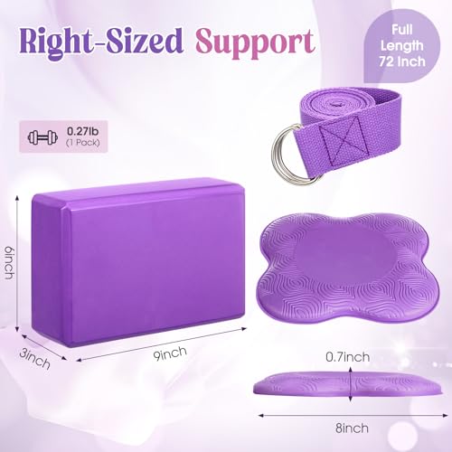 RoundFunny 5 Pcs Yoga Blocks Knee Pads Yoga Strap Set Soft Premium Foam Blocks Accessories for Pilates Meditation General Fitness Stability, Kneeling, Balance, Deepen Stretches and Toning(Purple)
