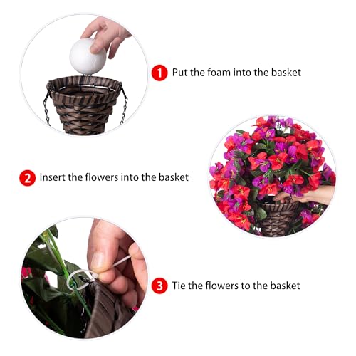 Image of INSPRING Artificial Bougainvillea Faux Flowers Plants Baskets for Outdoor Outside Decoration, 3PCS Fake Silk Flowers Long Trailing Vines UV Resistant Realistic for Front Door Porch Patio (PurpleRed)
