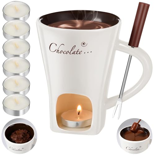 Fondue Mug Chocolate Fondue Mug with Forks and 6Pcs Candles Chocolate Melting Cup Set Ceramic Chocolates Butter Cheese Melt Mugs Warmer Pot Set Gifts for Date Night Birthday Wedding