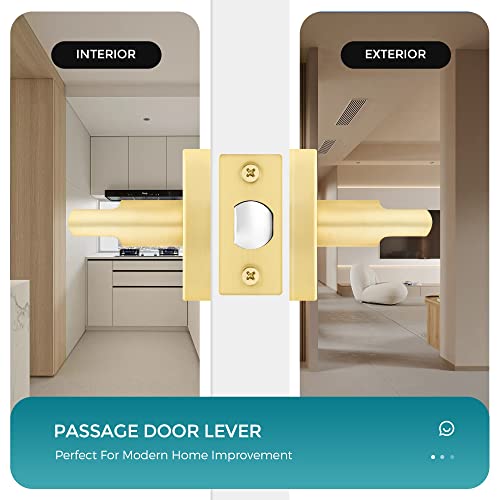 Heittis Satin Brass Passage Door Levers Square Hall Closet Handles, Gold Heavy Duty Interior Non-Locking Lever Sets, Reversible For Right & Left Side, 1 Pack #TOP3