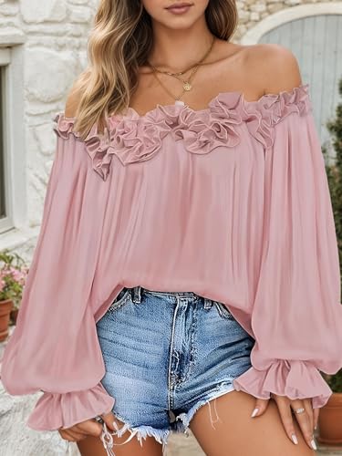 Women's Dressy Casual Off The Shoulder Tops Trendy Solid Color Puff Long Sleeve Loose Fit Ruffle Blouses Shirts2