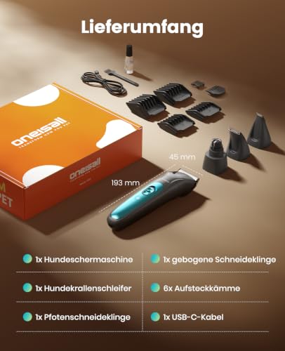 oneisall 4in1 Leise Schermaschine Hund Katze mit LED-Licht, Tierhaarpflege zum Hundeschermaschine & Pfotentrimmer & Krallenschleifer, 2000mAh Wiederaufladbar Hundehaarschneidemaschine