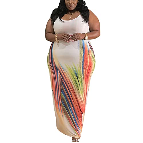Image of BFFBABY Womens Summer Suspender Maxi Dress Plus Size Striped Printed Sleeveless with Pockets and Belt