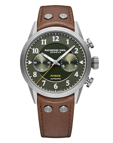 RAYMOND WEIL Freelancer Men's Pilot Flyback Chronograph - Green Dial, Brown Leather Strap, 42MM (Model: 7783-TIC-05520)