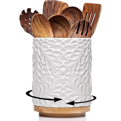 Extra Large 360° Rotating Utensil Holder for Kitchen Counter, 8.3” Cooking Utensil Holder for Countertop with Bamboo Base, White Ceramic Utensil Crock Canister for Cooking Utensils - Engraved Design Cover