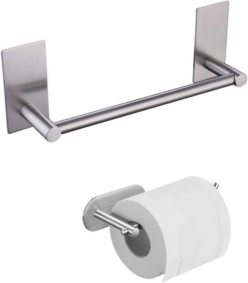 DELTAHOME Paslanmaz Çelik Yapışkanlı 30cm Havluluk Ve Tuvalet Kağıtlığı Set - INOX - Anında Kolay Montaj Vida YOK!