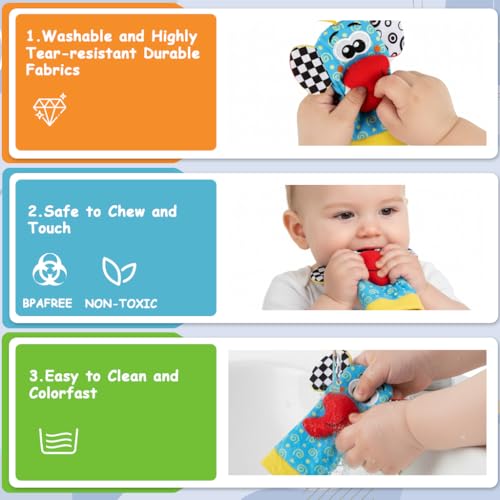 Image of SNOWIE SOFT Baby Socks Rattles and Wristband Rattle Set for Babies 0-6 Months, Cartoon Fun Cotton Socks with Cartoon Plush Rattle Toys Soft Sound Sensory Baby Toys for 6 to 12 Months