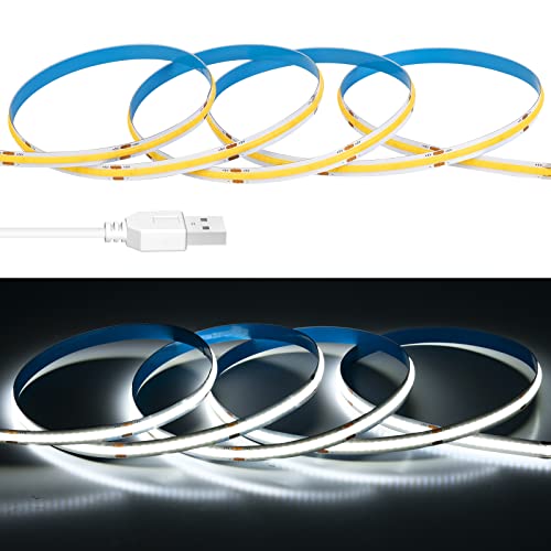Image of USB LED Light Strip 6.56FT, 5 Volt USB Powered COB LED Tape Lights, 6000K Daylight White 8mm High Density Flexible Strips CRI90+ for TV Backlight Under Cabinet Bedroom, No Controller and Power