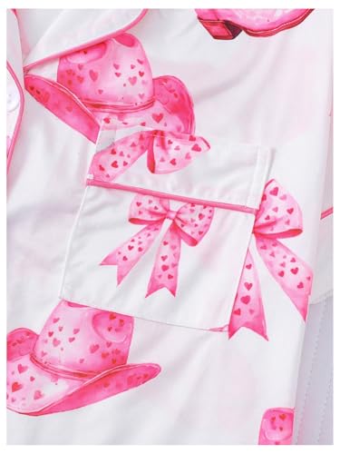 Image of Verdusa Women's 2 Piece Floral Bow Pajama Set Short Sleeve Button Down Shirt and Shorts Set White and Pink Small