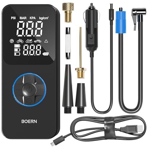 BOERN Tire Inflator Portable Air Compressor - Cordless Air Pump for Car Tires with Digital Tire Pressure Gauge - Air Compressor (150PSI) for Car, Motorcycle and Bicycle with Powerbank Function