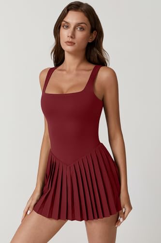 Image of QINSEN Womens Square Neck Tennis Dress Pleated Sleeveless Built in Shorts Golf Athletic Dress with Pockets
