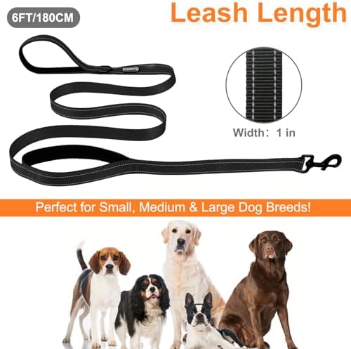 CLCKUMTU Heavy Duty Dog Leash with 2 Comfortable Padded Handles, 6 FT Traffic Handle Extra Control, Highly Reflective Threads Leash for Small/Medium/Large Dogs (Black) - 3