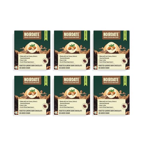 Image of NoirDate Roasted Almond Dark Chocolate - 15g, Bean to Bar, Sweetened with Dates, Refined Sugar Free, Clean Label, Healthy & Guilt-Free, Vegan, Rich in Antioxidant (Pack of 6)