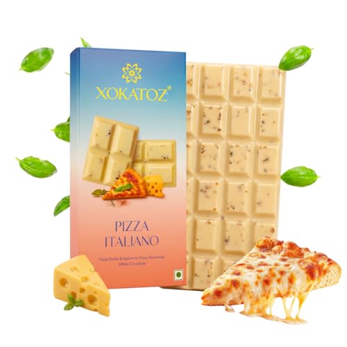 Image of XOKATOZ Exotic Premium Couverture Belgian Chocolate - 1 Pizza Italiano - Flavoured White Chocolate Bars - Gift Set - Pack of 1, 75 gm (75gm X 1)
