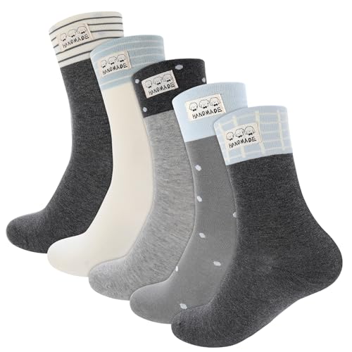 scenicamp 5 Pairs Retro Striped Crew Socks Athletic Cotton Breathable Socks for Women Blue Gray