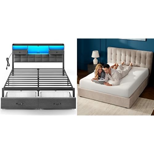 Rolanstar King Size Bed Frame with 6 Inch Gel Memory Foam Mattress LED Metal Platform Bed with USB