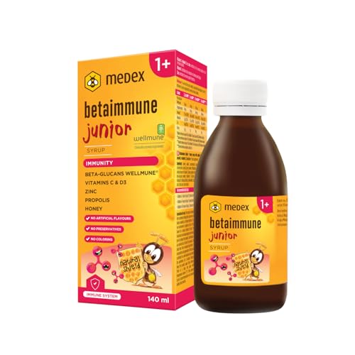 Medex Jarabe BetaImmune Junior Patentado Natural Betaglucane Inmunidad a largo plazo, 74% - 142 g de miel en botella, propóleos, vitamina C, D y zinc, para niños a partir de 1 año, 140 ml
