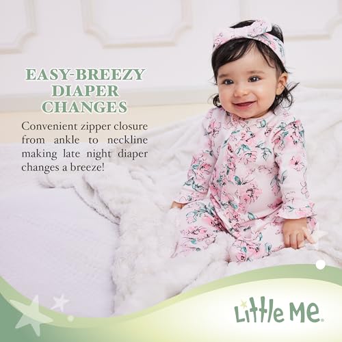 Little Me Clothes for Baby Girls 100% Cotton Scratch Free Tag 2-Piece Zipper Closure Footie and Headband Set, Baby Essentials, Preemie to 9 Months - Thumbnail 4