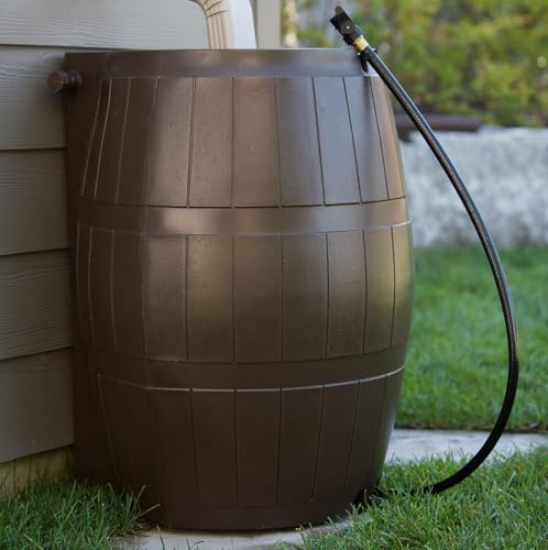 Image of FCMP Outdoor Raincatcher 4000 Rain Barrel, Flat-Back Rainwater Catcher with Spigots, 50 Gallon, Brown - Portable Water Storage Container Tank for Home, Garden, and Backyard