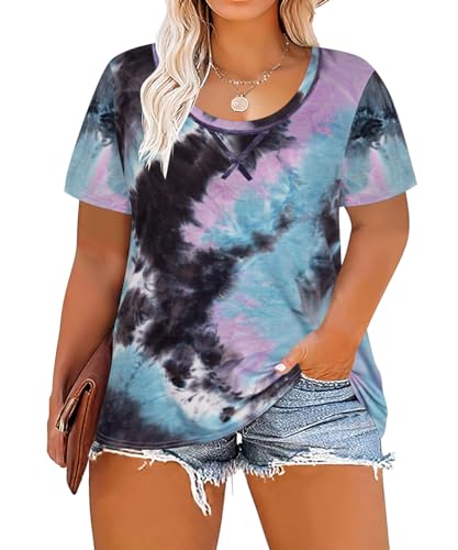 Image of CARCOS Plus Size Tops for Women Short Sleeve Shirt Summer Star /Leopard /Tie Dye /Flower Crewneck Pullover Tunic XL-5XL
