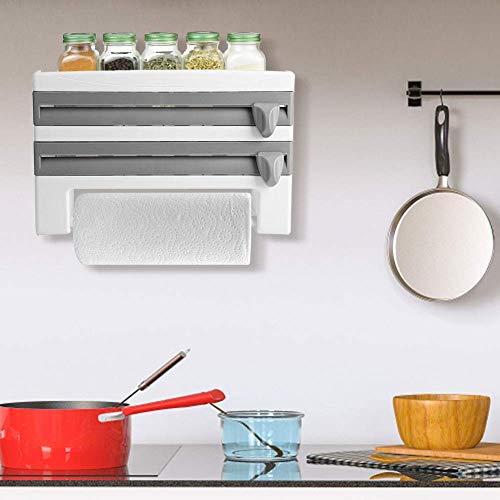 Dispensador de rollos de cocina 3 en 1, papel de aluminio montado en la pared y soporte de película adhesiva, con cortador