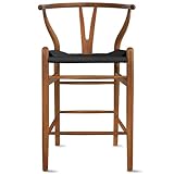 2xhome Wishbone Counter Height Barstool with Woven Paper Cord Seat | Fully Assembled | Wooden Y Back Farmhouse Kitchen Stool for Home, Dining, Bar, Espresso with Black Seat