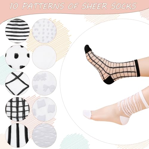 Image of Jspupifip Sheer See Through Socks for Women - Striped Plaid Mesh | Polka Dot & Bow Design Transparent Soft Breathable Fashion Stockings, Lightweight Lace Socks