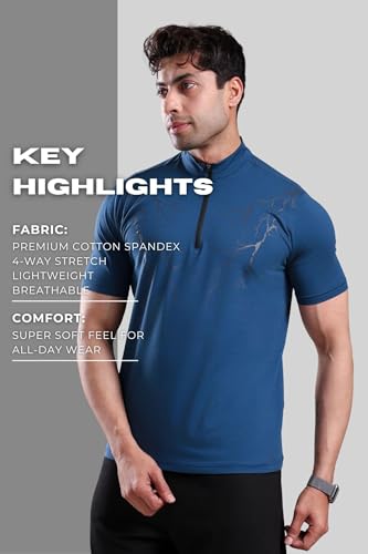 Image of GROW Stylish Gym T Shirts for Men Workout | Cotton and Spandex Quarter Zip Back Printed Collar T Shirts for Men Half Sleeves