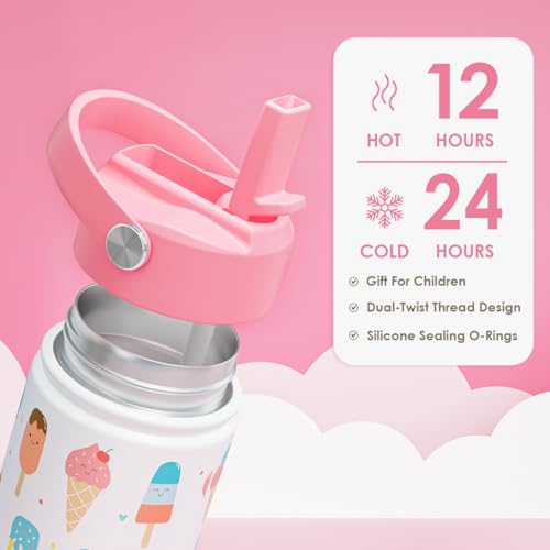 Image of SANDJEST Ice Cream Kids Water Bottle With Straw Lid 12oz Insulated Stainless Steel, Travel Tumbler, Gifts For Girls, Birthday, Christmas, Back To School