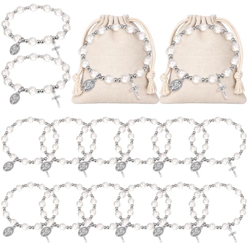 Tondiamo 12 Sets Rosary Bracelets Virgin Mary Cross Bracelet Rosary Favors for Baptism Pearl with Jewelry Pouch Christian Religious Bracelets for Church Wedding Catholic First Communion Gifts(Silver)