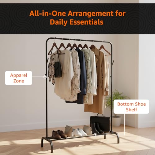 Image of Amazon Basics Metal Clothes Rack Stand with Bottom Storage Shoe Shelf & Side Hooks Hanger for Bedroom & Hallway, Portable Wardrobe Organizer 112L x 40B x 148H cm (SINGLE ROD, BLACK)