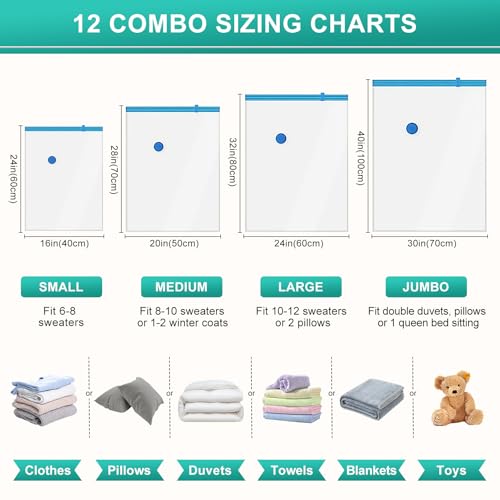 Vakuumbeutel für Kleidung mit Elektrischer Luftpumpe, 12 Stück Vakuumbeutel für Bettdecken 3 Jumbo, 3 Groß, 3 Mittelgroß, 3 Klein Wiederverwendbar Vakuumierbeutel für Reisen Und Tägliche Aufbewahrung