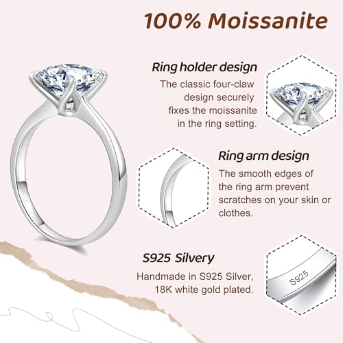 Aurora & Fiori 1/2/3/4 CT Round Moissanite Engagement Ring for Women, D Color VVS1 Solitaire Moissanite Ring S925 Sterling Silver with 18K Yellow/White Gold Plated3