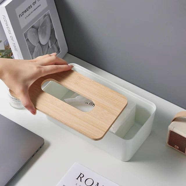 Image of Tissue Storage Box, Black | Home Decor, Living Room, Paper Towel Case Cover, Office, PP Plastic and Oak Wood