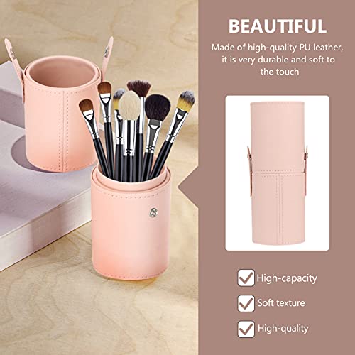 FOMIYES PU Leather Makeup Brush Holder with Lid - Portable Travel Cosmetic Brush Bucket (Apricot), 18x7cm - Image 2