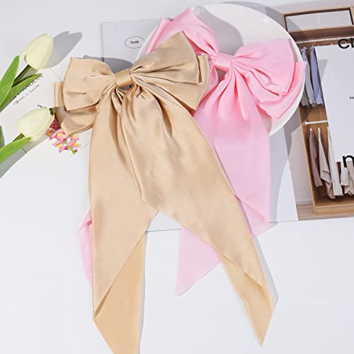2Pcs Large Hair Bows For Women Pink Hair Bows Ribbon Silky Satin Hair Barrettes Hair Slides Metal Clips Vintage 90'S Accessories For Girls #TOP4